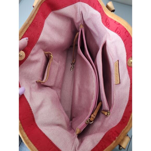 Dooney and Bourke Red Canvas XL Logo Tote Bag Travel Shoulder Leather Straps - Picture 9 of 15